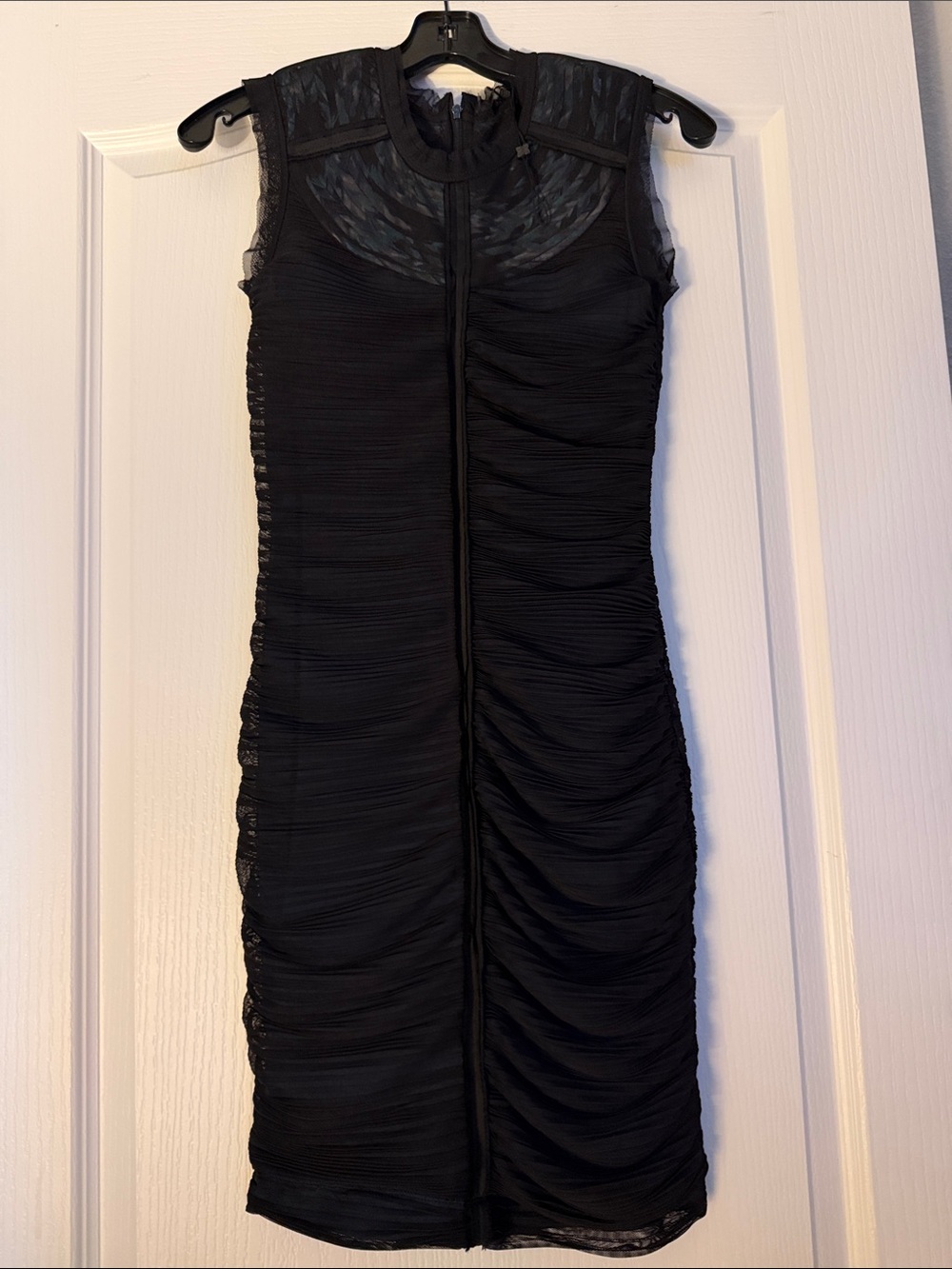 NWOT BCBGMaxAzria Black Ruched Sheath Dress with Sheer Yoke SZ XXS.